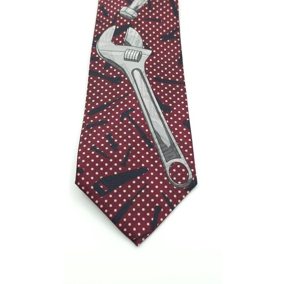 Home Improvement Giant Wrench Novelty Tie Red With Polka Dots & Tools Design - Picture 4 of 7